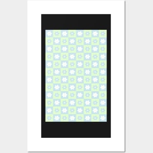 Danish Pastel Aesthetic Checkerboard Flower Design Phone Case in Sage Green and Baby Blue Periwinkle Posters and Art